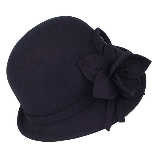 Sombrero Cloche Flor de fieltro de lana de Failsworth - Azul Marino