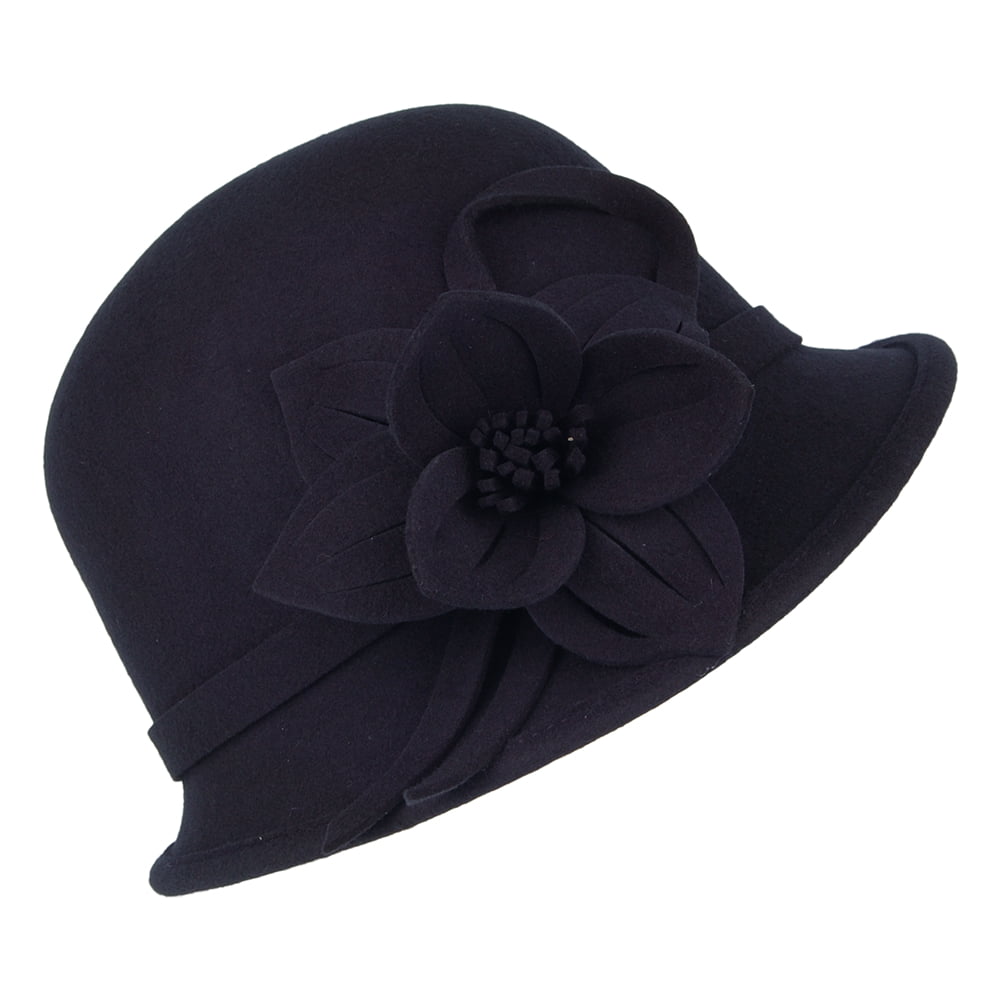 Sombrero Cloche Flor de fieltro de lana de Failsworth - Azul Marino