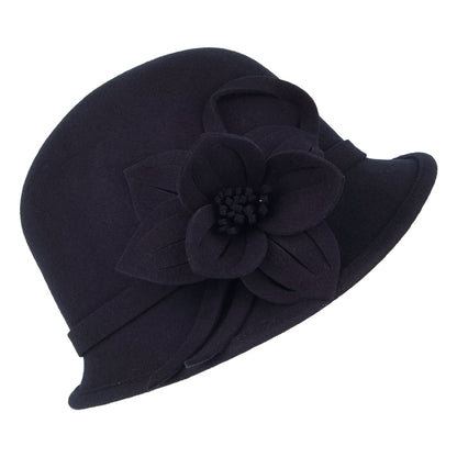 Sombrero Cloche Flor de fieltro de lana de Failsworth - Azul Marino