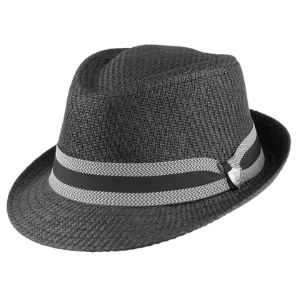 Sombrero Trilby de paja matte toyo con cinta decorativa a rayas de Dorfman Pacific - Negro