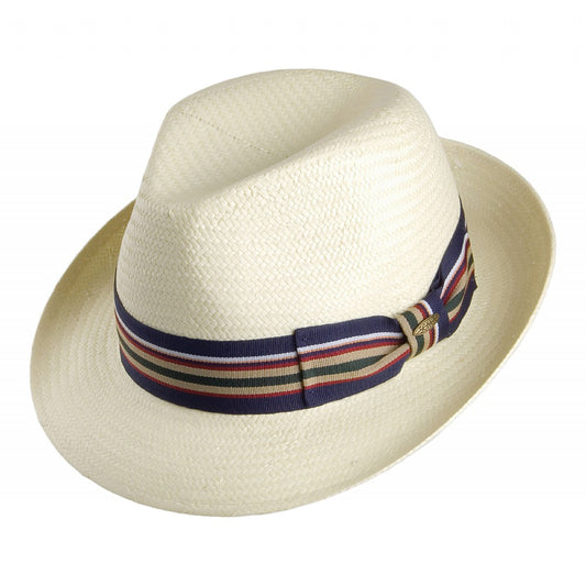 Sombrero Fedora de paja toyo con cinta decorativa a rayas de Scala - Blanco Marfil