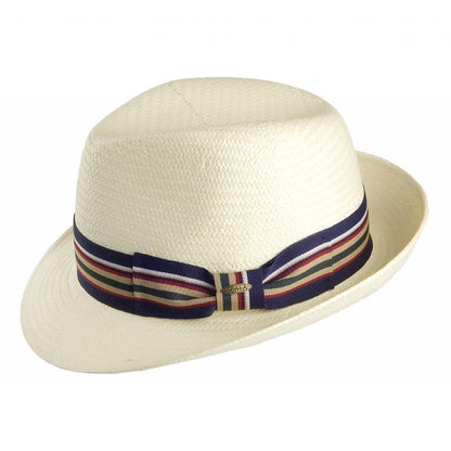 Sombrero Fedora de paja toyo con cinta decorativa a rayas de Scala - Blanco Marfil