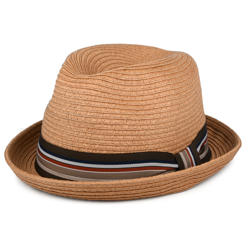 Sombrero Trilby de paja con cinta decorativa a rayas de Scala -Tostado