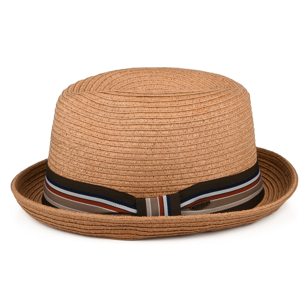 Sombrero Trilby de paja con cinta decorativa a rayas de Scala -Tostado