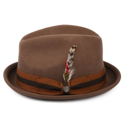 Sombrero Trilby Gain de fieltro de lana con cinta decorativa a rayas de Brixton - Camel