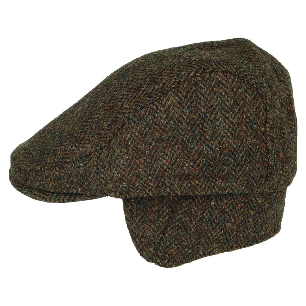 Gorra plana Oban de HARRIS TWEED diseño de espiga con orejeras de Failsworth - Verde Oliva