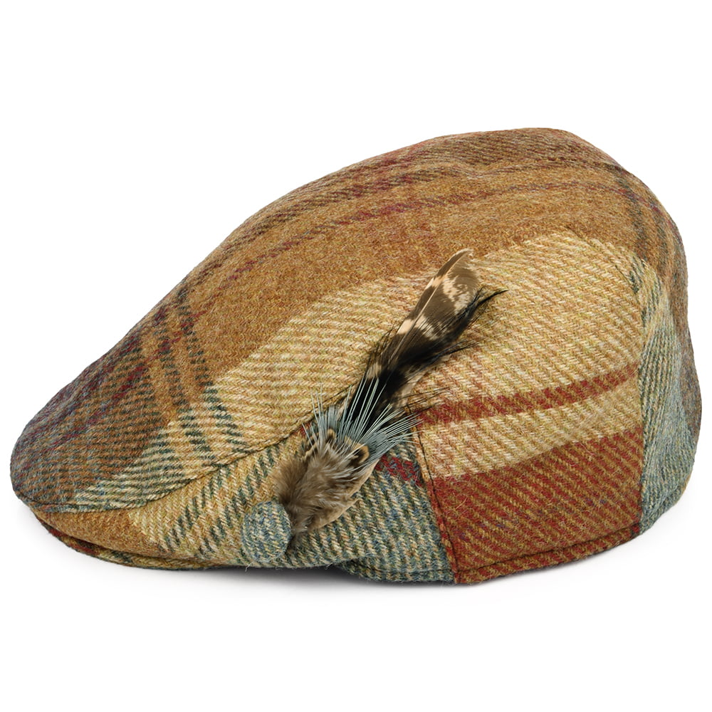 Gorra plana pluma de lana británica Tela escocesa para mujeres de Failsworth - Mostaza-Multi