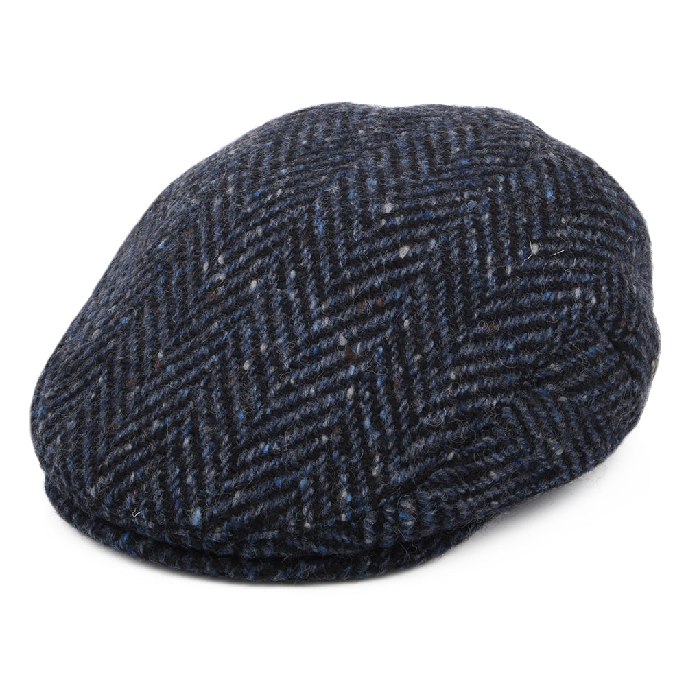 Gorra plana Dunmore de Tweed Donegal diseño de espiga de Jaxon & James - Azul Marino-Negro