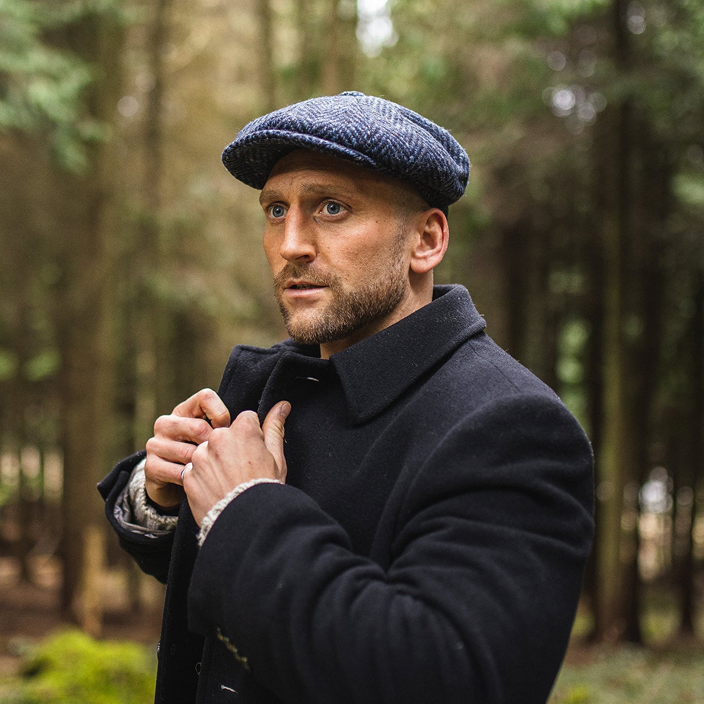 Gorra Newsboy Pettigo de Tweed Donegal diseño de espiga de Jaxon & James - Azul Marino-Negro