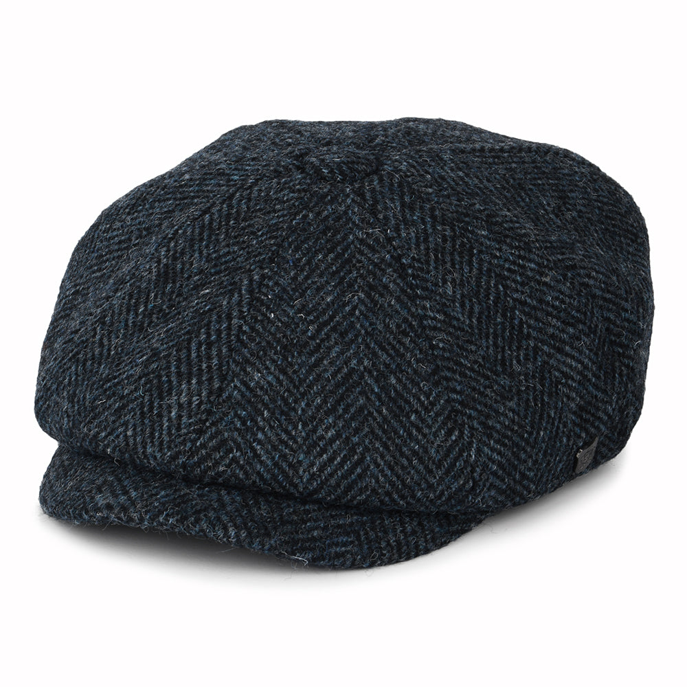 Gorra Newsboy redonda Carloway de Harris Tweed diseño de espiga de Failsworth - Azul-Negro