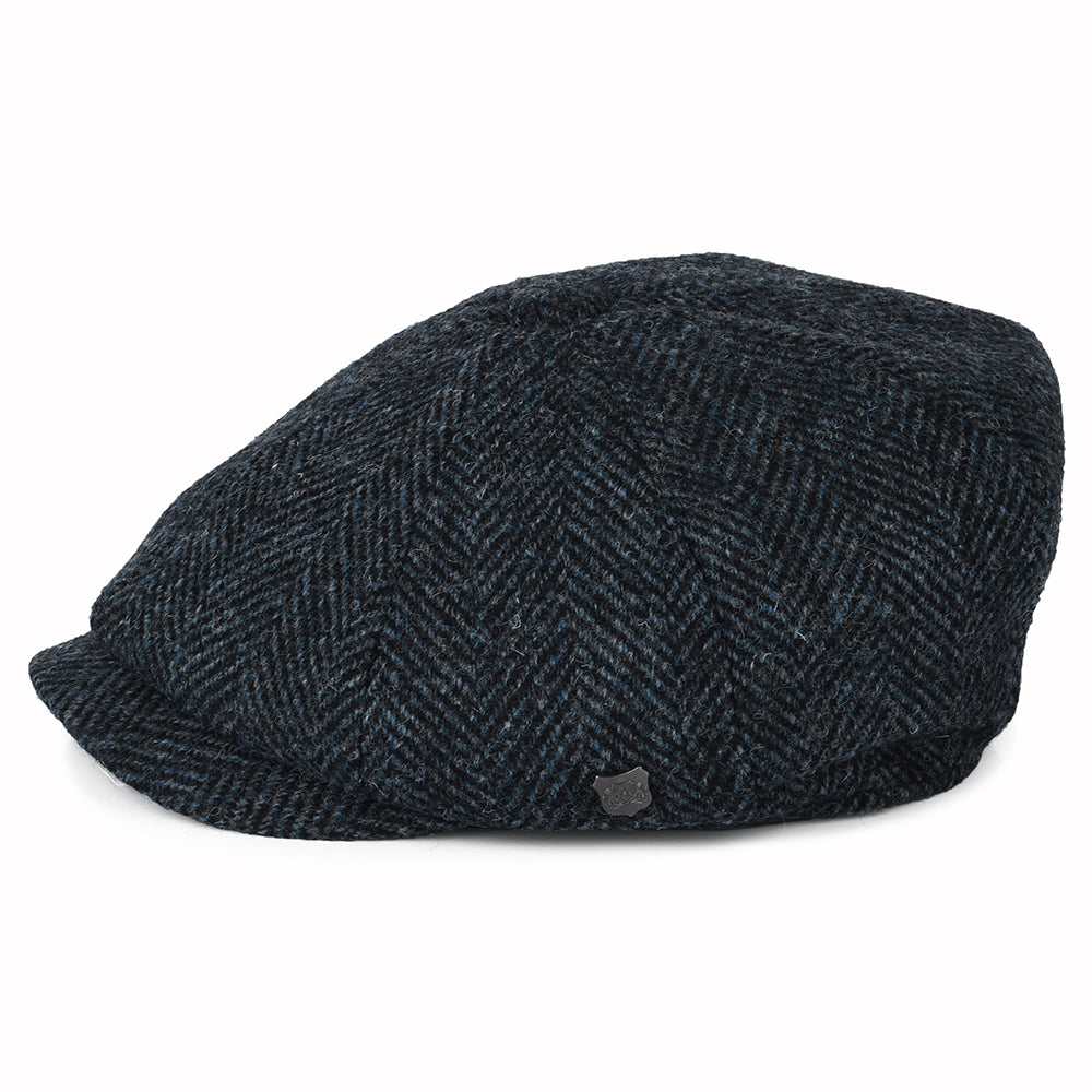 Gorra Newsboy redonda Carloway de Harris Tweed diseño de espiga de Failsworth - Azul-Negro