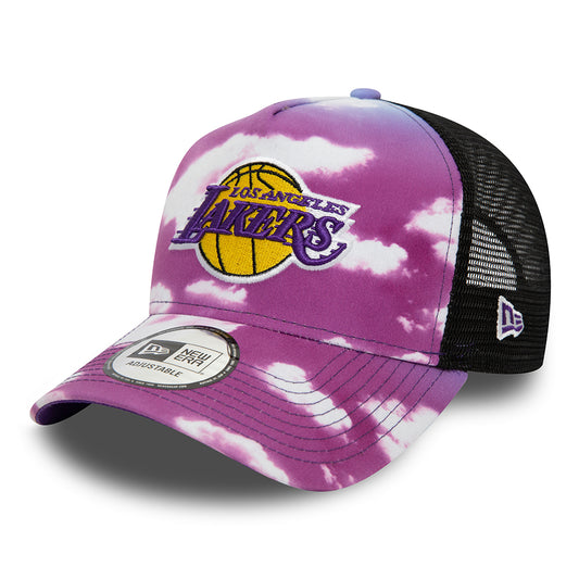 Gorra Trucker A-Frame NBA Cloud AOP L.A. Lakers de New Era - Morado-Blanco