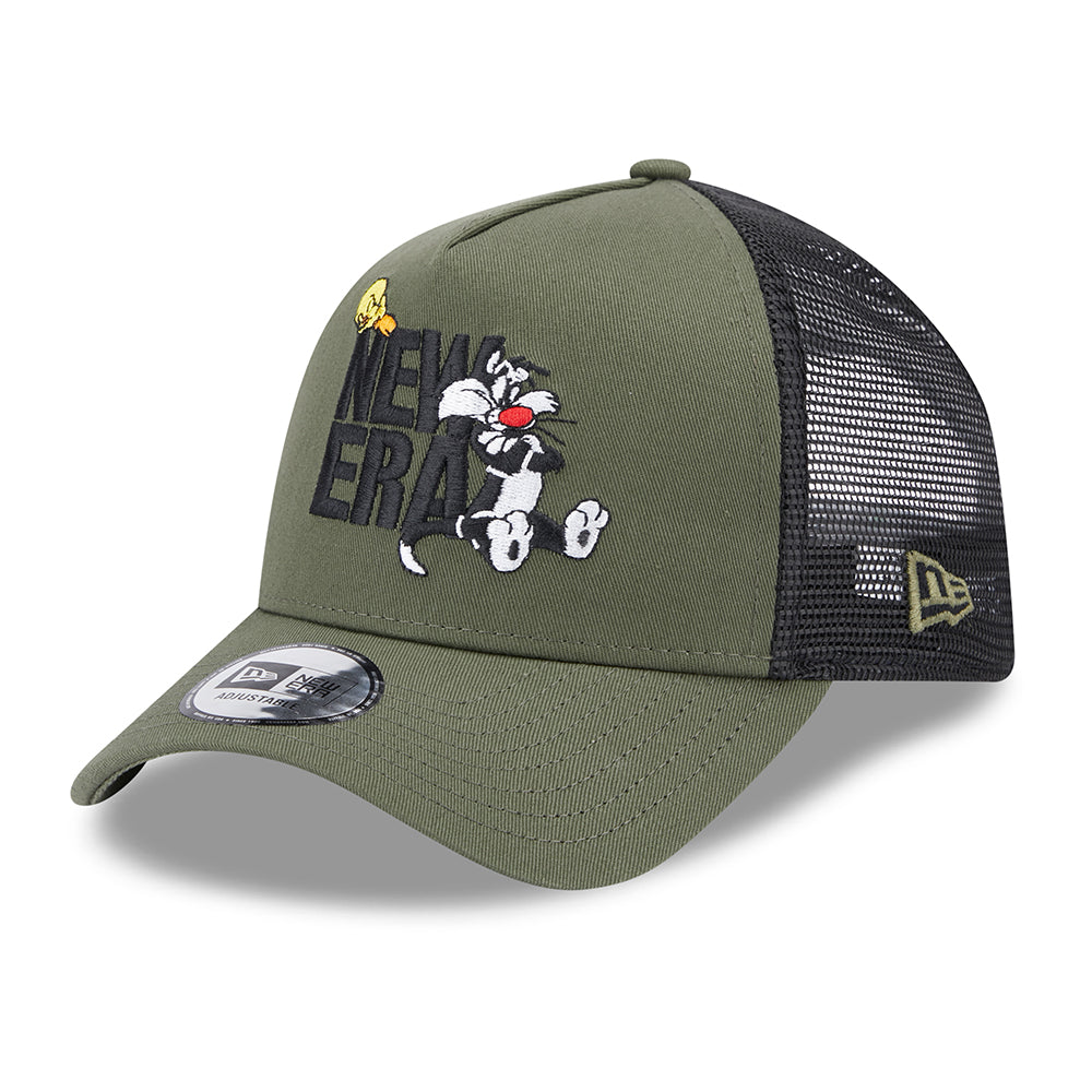 Gorra Trucker A-Frame Looney Tunes Sylvester & Tweety de New Era - Verde Oliva-Negro