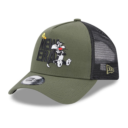 Gorra Trucker A-Frame Looney Tunes Sylvester & Tweety de New Era - Verde Oliva-Negro