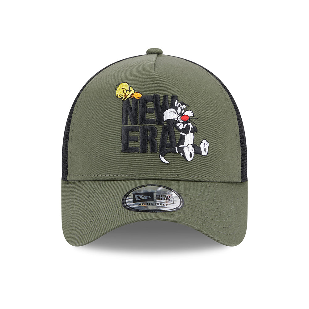 Gorra Trucker A-Frame Looney Tunes Sylvester & Tweety de New Era - Verde Oliva-Negro