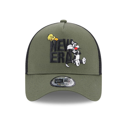 Gorra Trucker A-Frame Looney Tunes Sylvester & Tweety de New Era - Verde Oliva-Negro