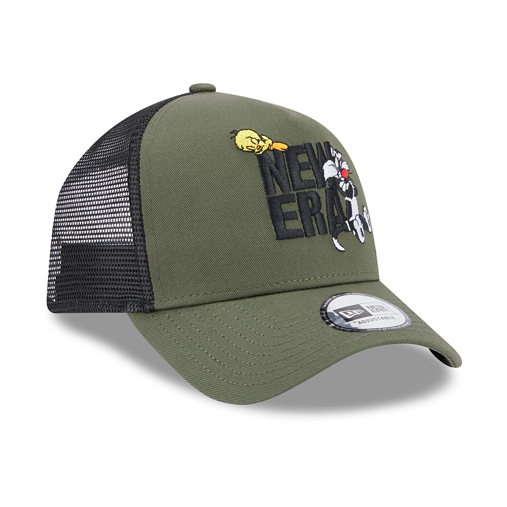 Gorra Trucker A-Frame Looney Tunes Sylvester & Tweety de New Era - Verde Oliva-Negro
