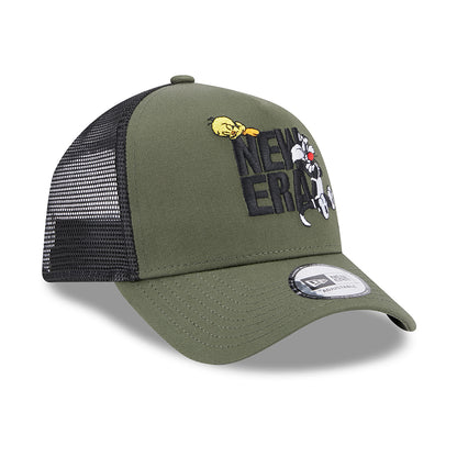 Gorra Trucker A-Frame Looney Tunes Sylvester & Tweety de New Era - Verde Oliva-Negro