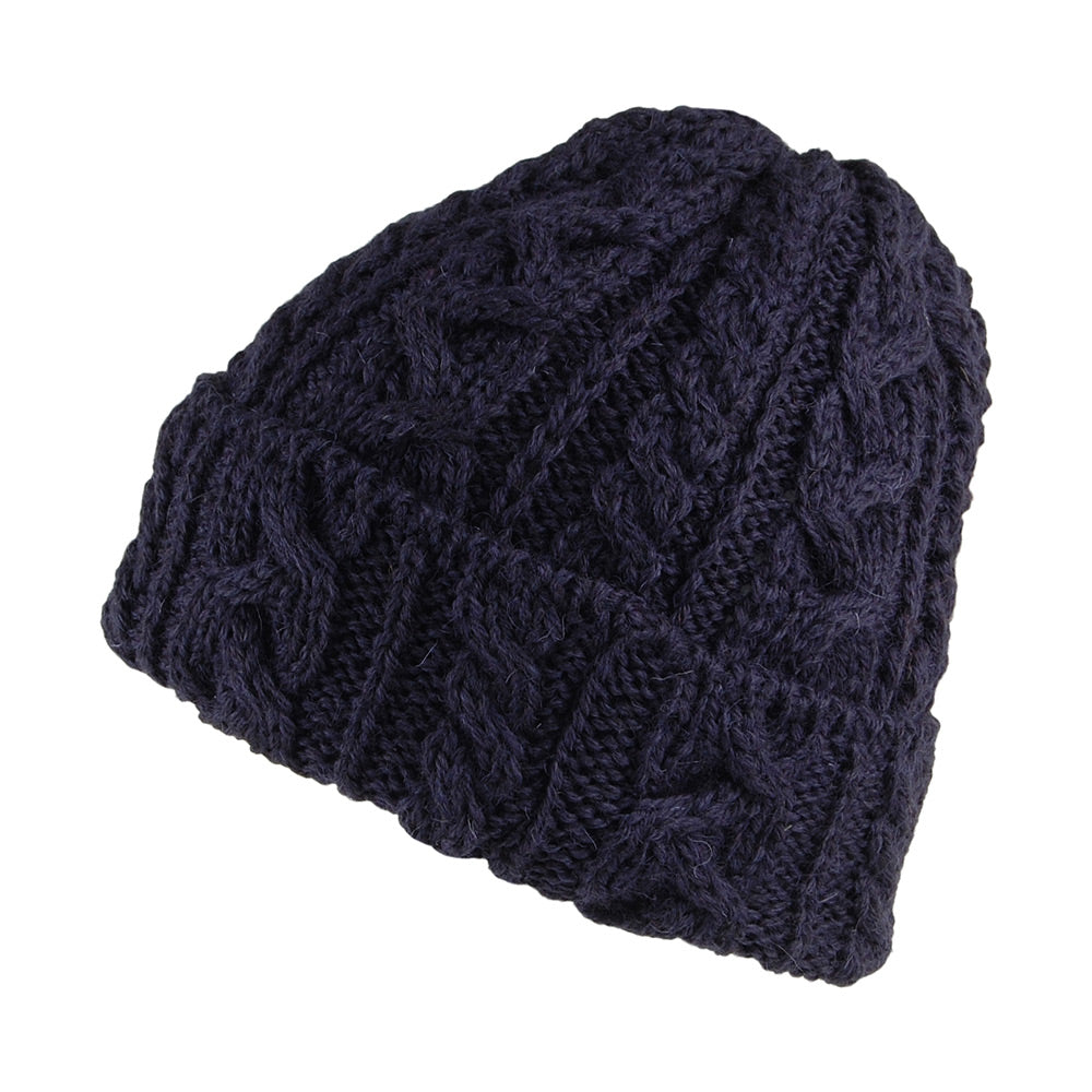 Gorro Beanie con dobladillo de lana inglesa de punto trenzado de Highland 2000 - Azul Marino