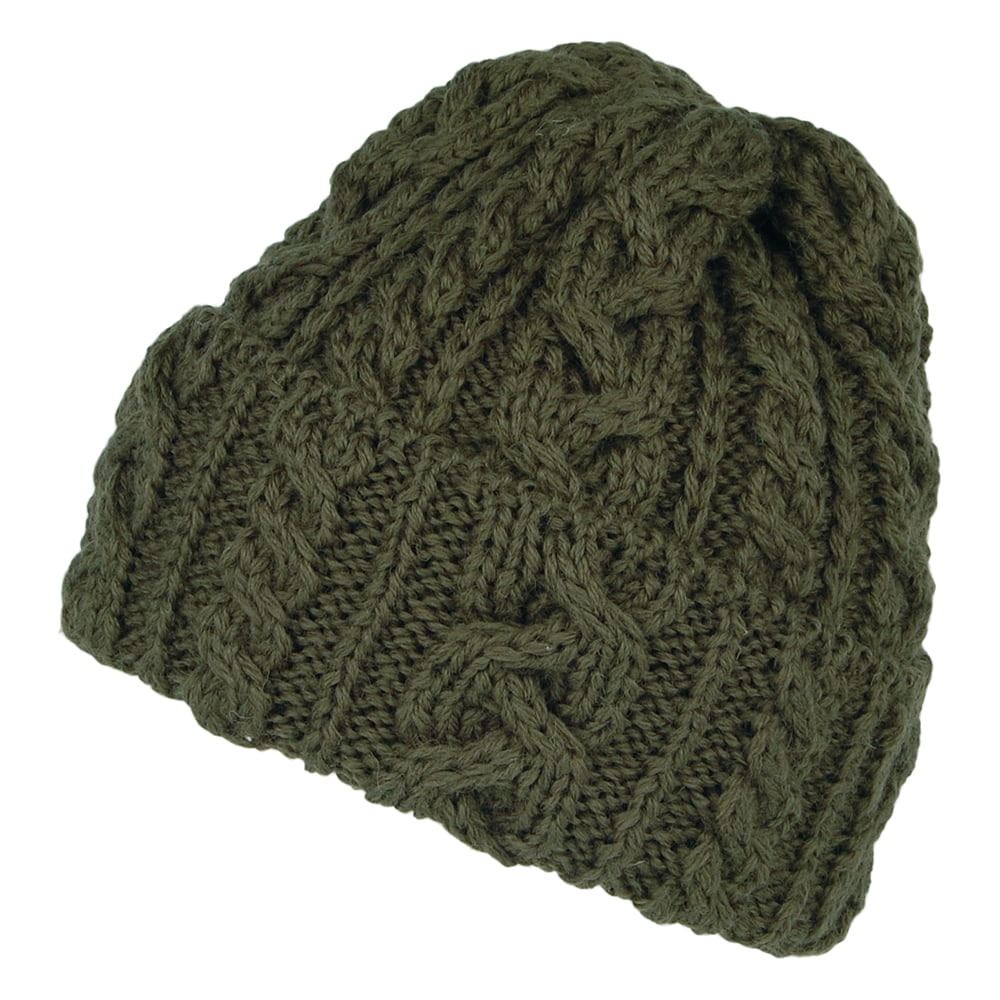 Gorro Beanie Cuffed de lana inglesa de punto cable de Highland 2000 - Verde Oliva
