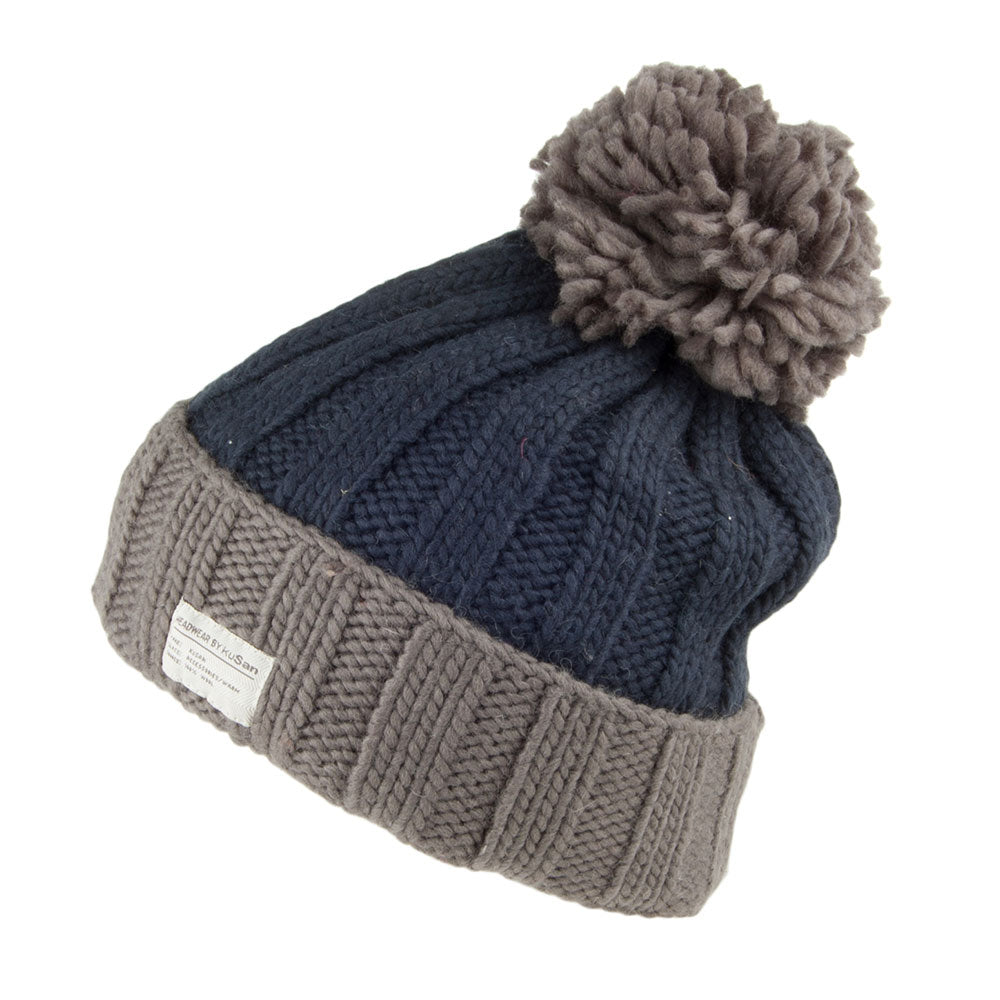 Gorro con pompón de canalé con vuelta de Kusan - Azul Marino-Gris