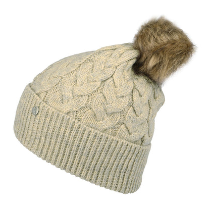 Gorro con pompón Elena punto de cable Pompón de piel sintética de Joules - Avena