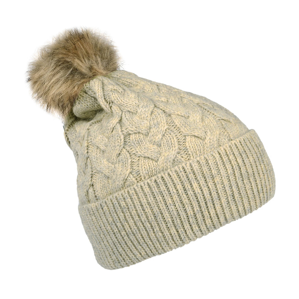 Gorro con pompón Elena punto de cable Pompón de piel sintética de Joules - Avena