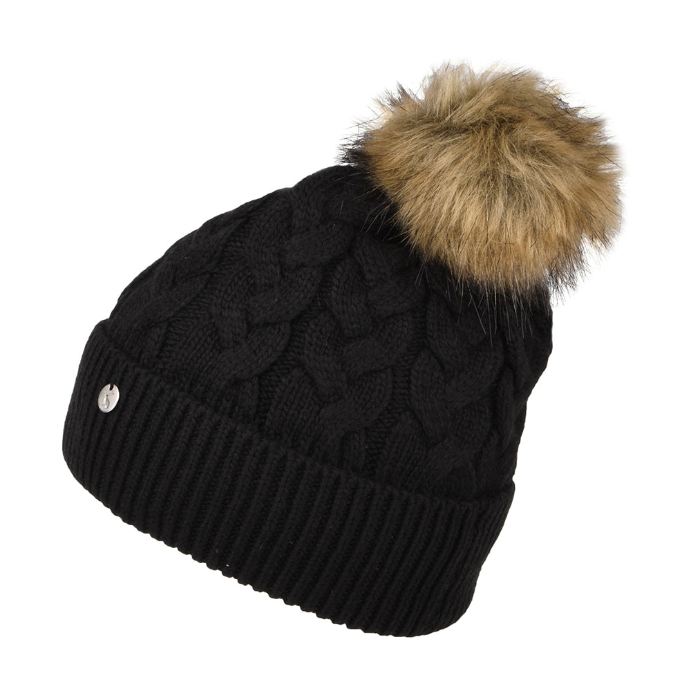 Gorro con pompón Elena punto de cable Pompón de piel sintética de Joules - Negro