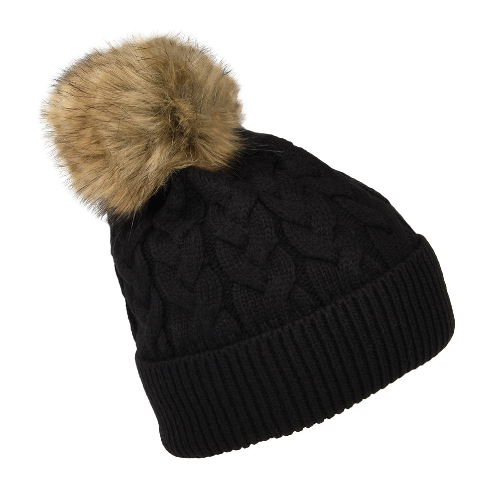 Gorro con pompón Elena punto de cable Pompón de piel sintética de Joules - Negro