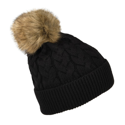 Gorro con pompón Elena punto de cable Pompón de piel sintética de Joules - Negro