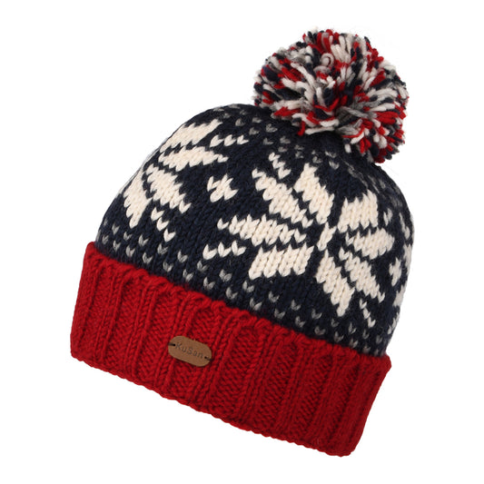 Gorro con pompón flexible copo de nieve con vuelta de Kusan - Azul Marino-Vino