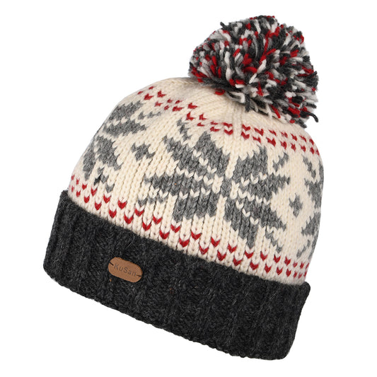 Gorro con pompón flexible copo de nieve con vuelta de Kusan - Blanco-Gris